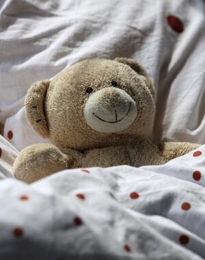 Nahaufnahme von einem Teddybären in einem Bett.