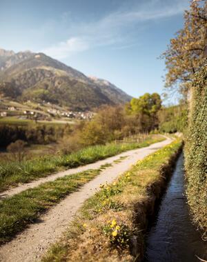 Wanderweg neben einem Wasserlauf mit herbstlichen Bäumen, Häusern und Bergen im Hintergrund.