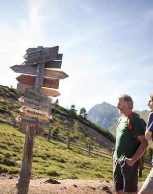 Due escursionisti su un sentiero di montagna accanto a un cartello segnavia, con pascoli alpini ondulati e montagne sullo sfondo.