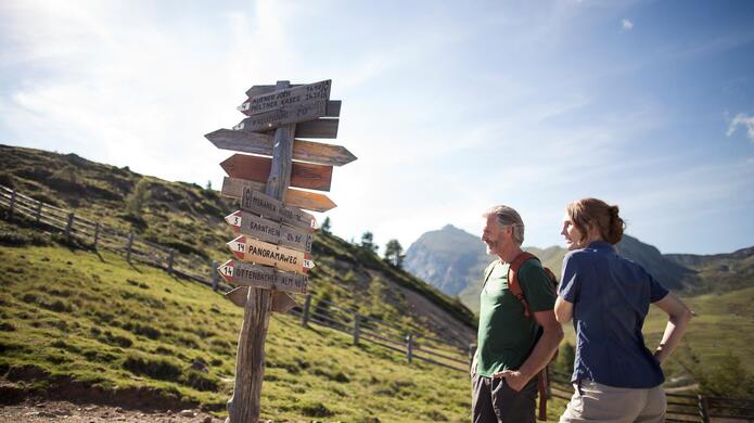 Zwei Wanderer auf einem Bergpfad neben einer Weg Beschilderung mit hügeligen Almwiesen und bergen im Hintergrund