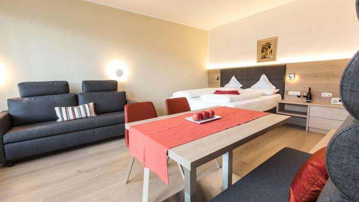 Appartamento Pink Lady con letto matrimoniale, zona pranzo con tavolo in legno, sedute imbottite grigie e divano grigio.