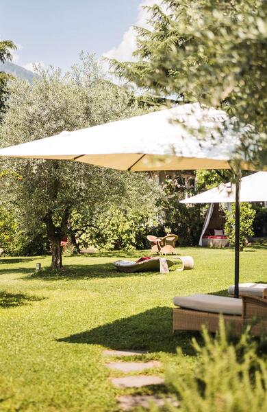 Giardino con prato verde, alberi, lettini e ombrelloni in un ambiente tranquillo e immerso nella natura.