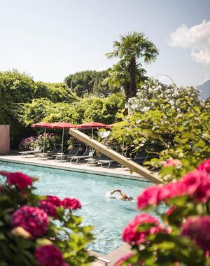 Un uomo nuota nella piscina all’aperto, con fiori rossi in primo piano e una terrazza con lettini, ombrelloni e piante sullo sfondo.